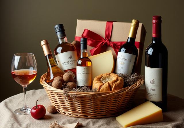 Ein stilvoll verpackter Geschenkkorb mit Gourmet-Produkten und einer Flasche Wein.