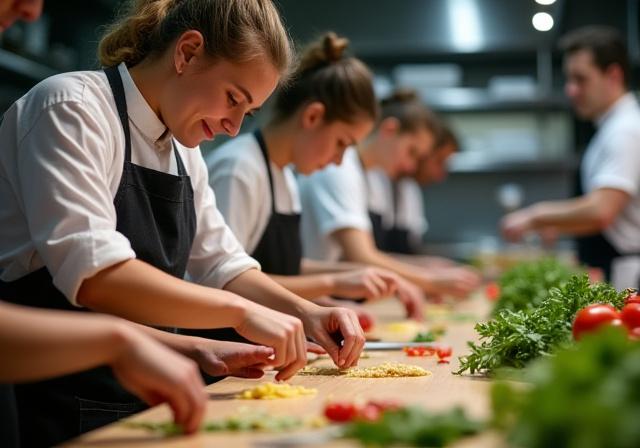 Teilnehmer eines Koch-Workshops bei der Zubereitung eines Gerichts.