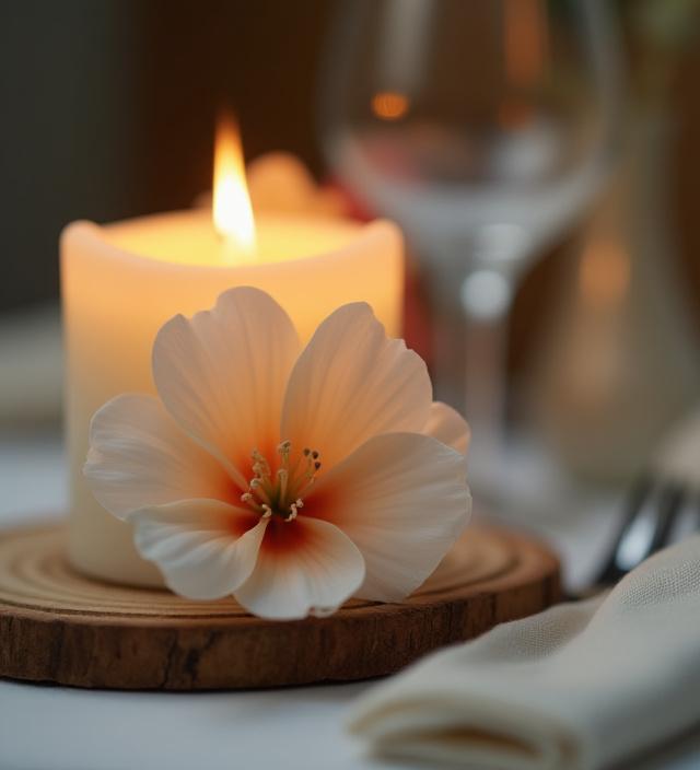 Nahaufnahme einer stilvollen Tischdekoration mit einer Kerze und einer Blume.