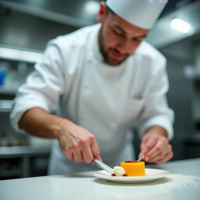 Ein Koch gibt den letzten Schliff an einem Dessert in der professionellen Küche.