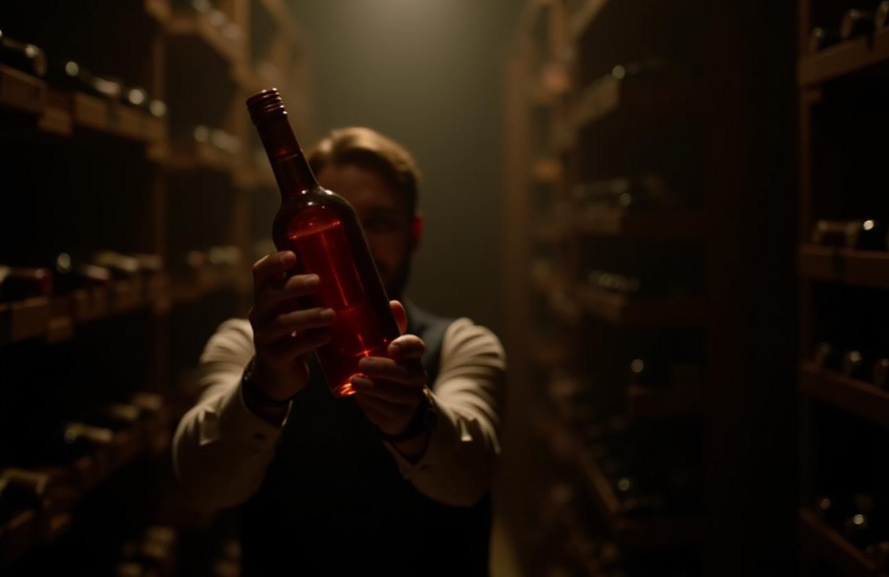 Ein Sommelier präsentiert eine Flasche Rotwein vor den Regalen des Weinkellers.